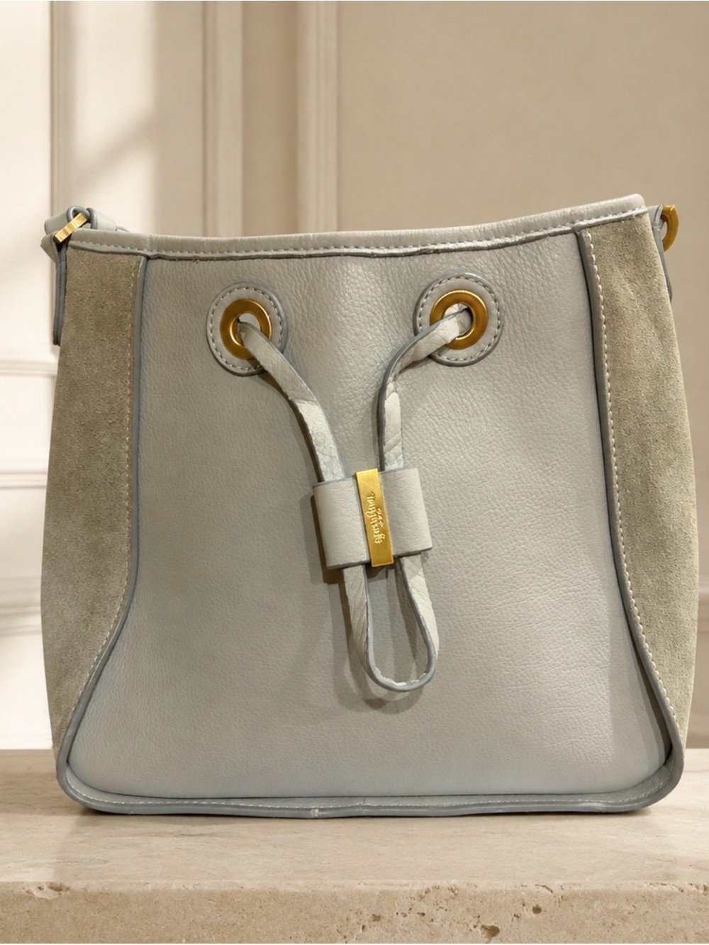 Spartina 449 Gray Leather & Suede Drawstring Shoulder Bag with Gold Hardware